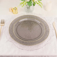 10-Pack Plastic 10" Round Dinner Plates in Opaque Black Hammered Design with Gold Rim - Disposable Party Plates for Chic Banquets & Special Occasions
