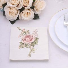 20-Pack Paper Beverage Napkins with Pink Floral Design Ivory - 2 Ply Soft 18GSM Rose Garden Wedding Napkins 6.5"x6.5"