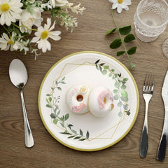 24-Pack Paper 9" Round Dinner Plates in White with Eucalyptus Leaves & Gold Rim - Disposable 300GSM Party Plates for Modern & Nature-Inspired Events