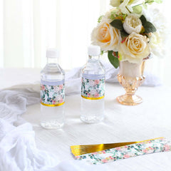 24 Pack White/Pink Water Bottle Labels with Peony Floral Design & Gold Trim, Waterproof Bottle Stickers