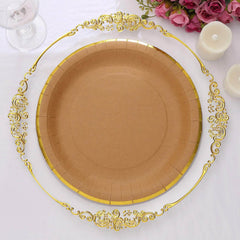 25-Pack Kraft Paper 10" Round Dinner Plates in Natural Brown with Gold Lined Rim - Disposable Party Plates for Rustic & Vintage Inspired Events