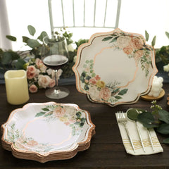 25-Pack Paper 10" Dinner Plates in White with Floral Print & Rose Gold Scallop Rim - Disposable 300GSM Party Plates