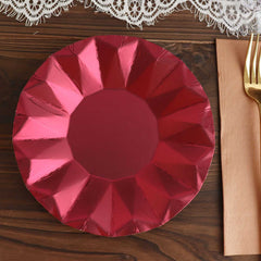25-Pack Paper 7" Round Dessert Plates in Burgundy with Geometric Prism Rim - Disposable 400GSM Appetizer Salad Plates