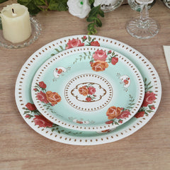 25-Pack Paper 7" Round Dessert Plates in Light Turquoise with Vintage Rose Flower Print - Disposable Appetizer Salad Plates