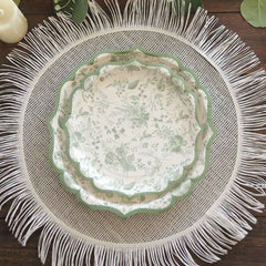 25-Pack Paper 8" Dessert Plates in White with Sage Green French Toile Design & Scalloped Rim - Disposable 300GSM Salad Appetizer Plates for Stylish Table Decor