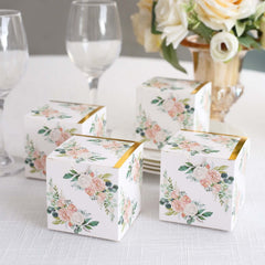 25 Pack White Pink Peony Flowers Print Paper Favor Boxes with Gold Edge, Cardstock Party Shower Candy Gift Boxes - 3"x3"x3"