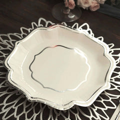 25-Pack Paper Dinner Plates in White with Silver Scallop Rim - Disposable 300GSM Party Plates 10"