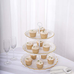 3-Tier Plastic Round Cupcake Stand 15" White with Lace Gold Rim Scalloped Edges