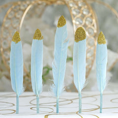 30-Pack Turkey Feathers Craft Feathers Glitter Gold Tip Light Blue - Decorative Feathers for DIY Party Projects