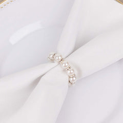 4 Pack 1.5" White Pearl Beads and Silver Rhinestone Napkin Rings, Elegant Round Serviette Buckle Napkin Holders