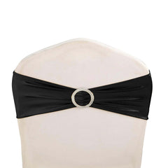 5 Pack Metallic Spandex Chair Sashes Black - Stretch Fit Chair Bands With Round Diamond Buckles for Glamorous Event Decor
