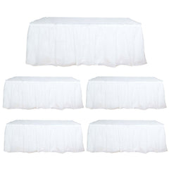 5 Pack Plastic Table Skirts White Ruffled - Durable Disposable Skirts for Events 14ft