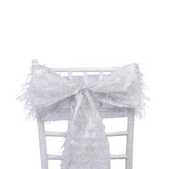 5 Pack Polyester Chair Sashes Silver Metallic Tinsel Fringe - Easy to Use Chair Bows 6"x108"