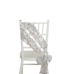 5 Pack Tulle Chair Sashes with Leaf Vine Embroidered Sequins Silver 6"x88"