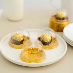 50-Pack Favor Containers Round Dome Design Gold and Clear - Plastic Party Boxes for Cupcakes and Sweets 3"