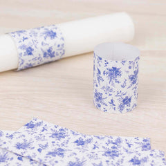 50 Pack White Blue Paper Napkin Holder Bands in French Toile Floral Pattern, Disposable Napkin Rings - 1.5"
