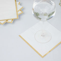 50-Pack Paper Beverage Napkins with Gold Foil Edge White - Disposable 2 Ply Cocktail Napkins for Events 6.5"x6.5"