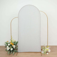 7ft Silver Shimmer Tinsel Spandex Chiara Backdrop Stand Cover For Fitted Round Top Wedding Arch