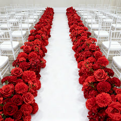 Pre-Arranged Silk Flower Table Runner 40"x16" Mixed Red – Roses, Hydrangeas, Chrysanthemums & Peonies for Wedding Table & Arch Decor