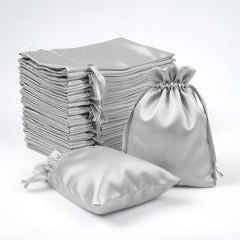 60 Pack Satin Drawstring Favor Bags, Silver 3"x4" Jewelry & Candy Gift Bags for Weddings & Parties