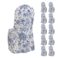 10 Pack Polyester Chair Covers for Banquet Chairs – White Blue French Toile Pattern, Reusable Stain-Resistant Slip-On Slipcovers