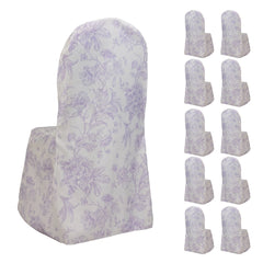 10 Pack Polyester Chair Covers for Banquet Chairs – White Lavender Lilac French Toile Pattern, Reusable Stain-Resistant Slip-On Slipcovers