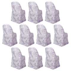 10 Pack Polyester Chair Covers for Folding Chairs – White Lavender Lilac French Toile Pattern, Reusable Stain-Resistant Slip-On Slipcovers