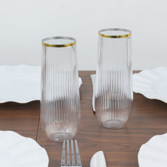 12 Pack 9oz Stemless Plastic Champagne Flutes – Clear with Gold Rim – Ribbed Reusable Lightweight Disposable Toasting Glasses