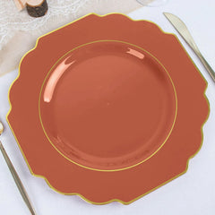 10-Pack Plastic Dinner Plates in Terracotta (Rust) Baroque Design with Scalloped Gold Rim - Heavy Duty Disposable Party Plates 11"