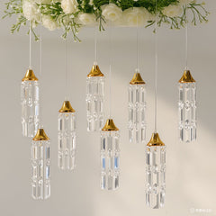 LED Hanging Crystal String Lights – Gold Bell Frame with Prism Pendants, Warm White Plug-in Chandelier Décor