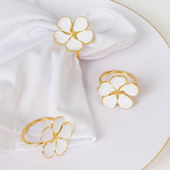 4 Pack White and Gold Metal Flower Napkin Rings, Floral Serviette Buckle Napkin Holder Set - Plum Blossom Design