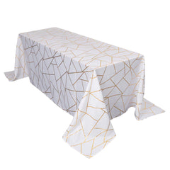 Polyester 90"x132" Rectangle Tablecloth White Seamless with Gold Foil Geometric Pattern - Wrinkle-Resistant Seamless Table Cover for Sophisticated Events