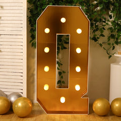 Giant LED Marquee Light Up Letter "Q", Gold 4ft Pre-Cut Foam Board with 10 Warm White Battery Operated LEDs, Glue Gun and Sticks