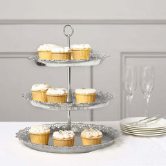 3-Tier Plastic Round Cupcake Stand 15" Metallic Silver with Lace Scalloped Edges