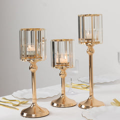 Set of 3 Gold Crystal Pendant Hurricane Candle Holders, Elegant Cylindrical Design for Pillar Candles, Decorative Table Centerpieces - 11",13",15"