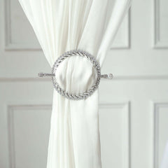 Set of 2 6" Silver Acrylic Braided Barrette Style Curtain Tie Backs With Crystal Diamond Studded Edge, Round Backdrop Drapery Brooch Holdbacks
