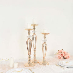 Set of 3 Metal Pedestal Stands with Crystal Ball Flower Bowl Design Gold - Pillar Candle Holders 20", 23", 25"