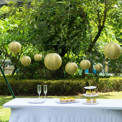 Set of 8 Gold Hanging Paper Lanterns, Decorative Round Chinese Sky Lanterns, Assorted Sizes - 6",8",10",14"