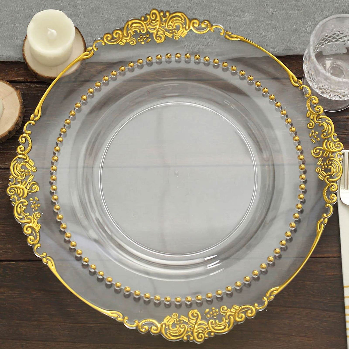 10-Pack Plastic 10" Round Dinner Plates in Clear with Gold Beaded Rim - Disposable Party Plates for Banquets & Festive Occasions