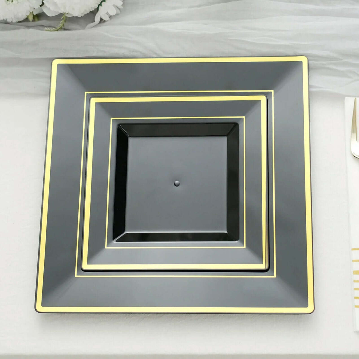 10-Pack Plastic Salad Dessert Plates Black Square with Gold Trim - Durable Disposable Appetizer Plates 7"
