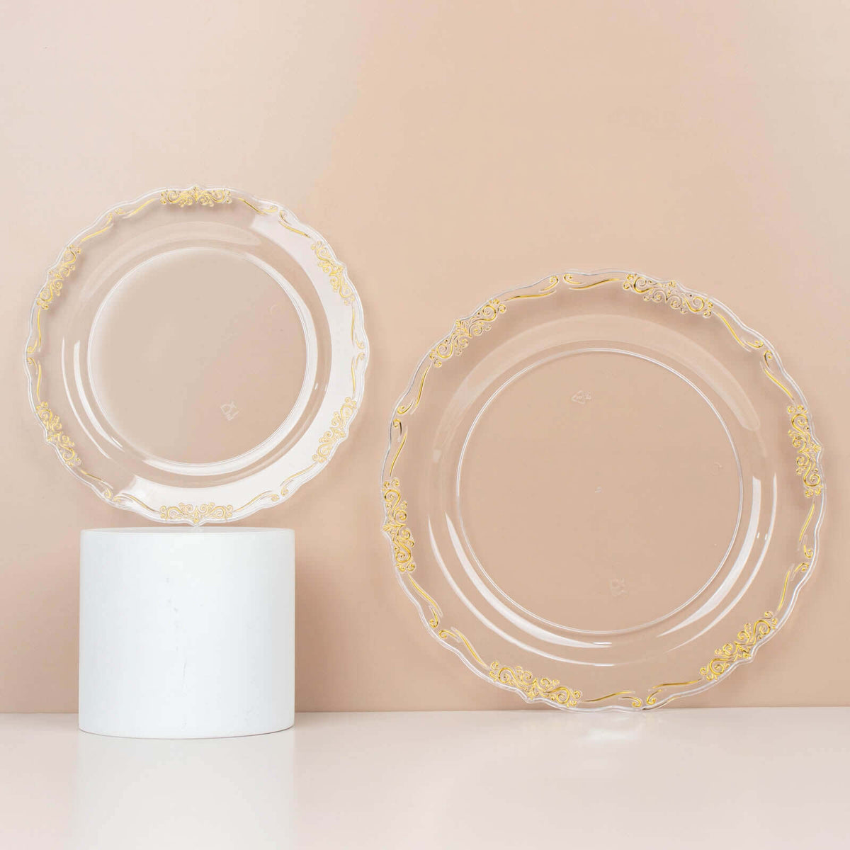 10-Pack Plastic 7" Round Dessert Plates in Clear with Gold Vintage Embossed Rim - Sturdy Disposable Scalloped Edge Salad Plates for Sophisticated Events & Celebrations