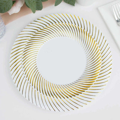 10-Pack Plastic 7" Round Dessert Plates in White with Gold Swirl Rim - Disposable Salad Plates for Classy Events & Banquets