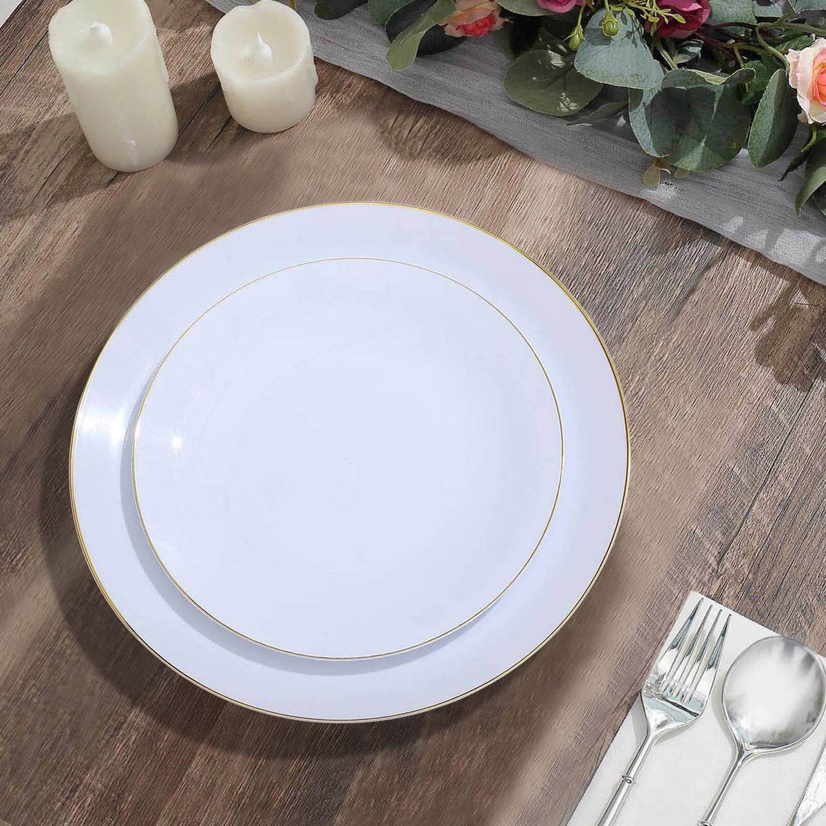 10-Pack Plastic 8" Round Dessert Plates in White with Gold Rim - Glossy Disposable Appetizer Salad Plates for Banquets & Special Occasions
