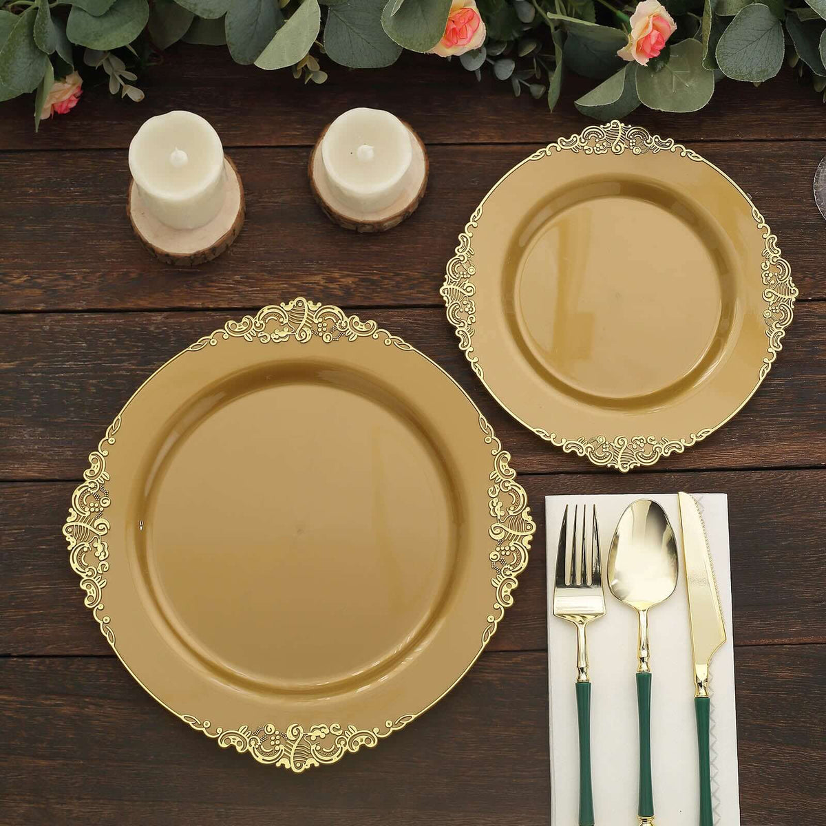 10-Pack Plastic 8" Round Dessert Plates in Gold with Leaf Embossed Rim - Disposable Vintage Baroque Style Salad Plates for Luxurious Gatherings & Events