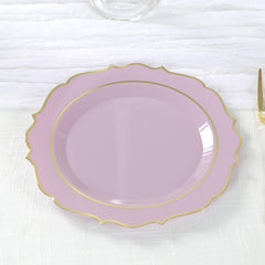 10-Pack Plastic 8" Round Dessert Plates in Lavender Lilac with Gold Scalloped Rim - Disposable Appetizer/Salad Plates