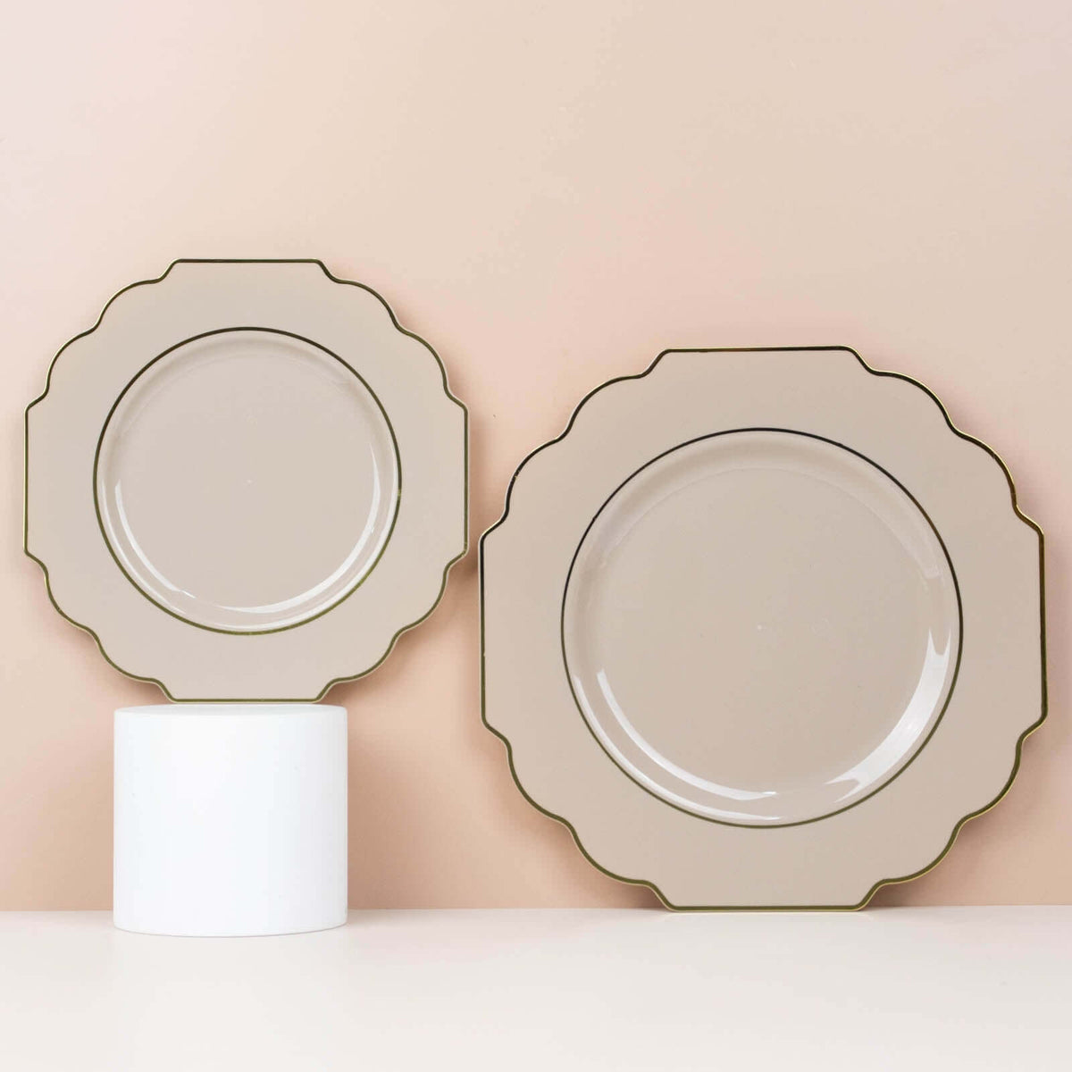 10-Pack Plastic Dessert Appetizer Plates in Taupe Baroque Design with Scalloped Gold Rim - Heavy Duty Disposable Salad Plates 8"