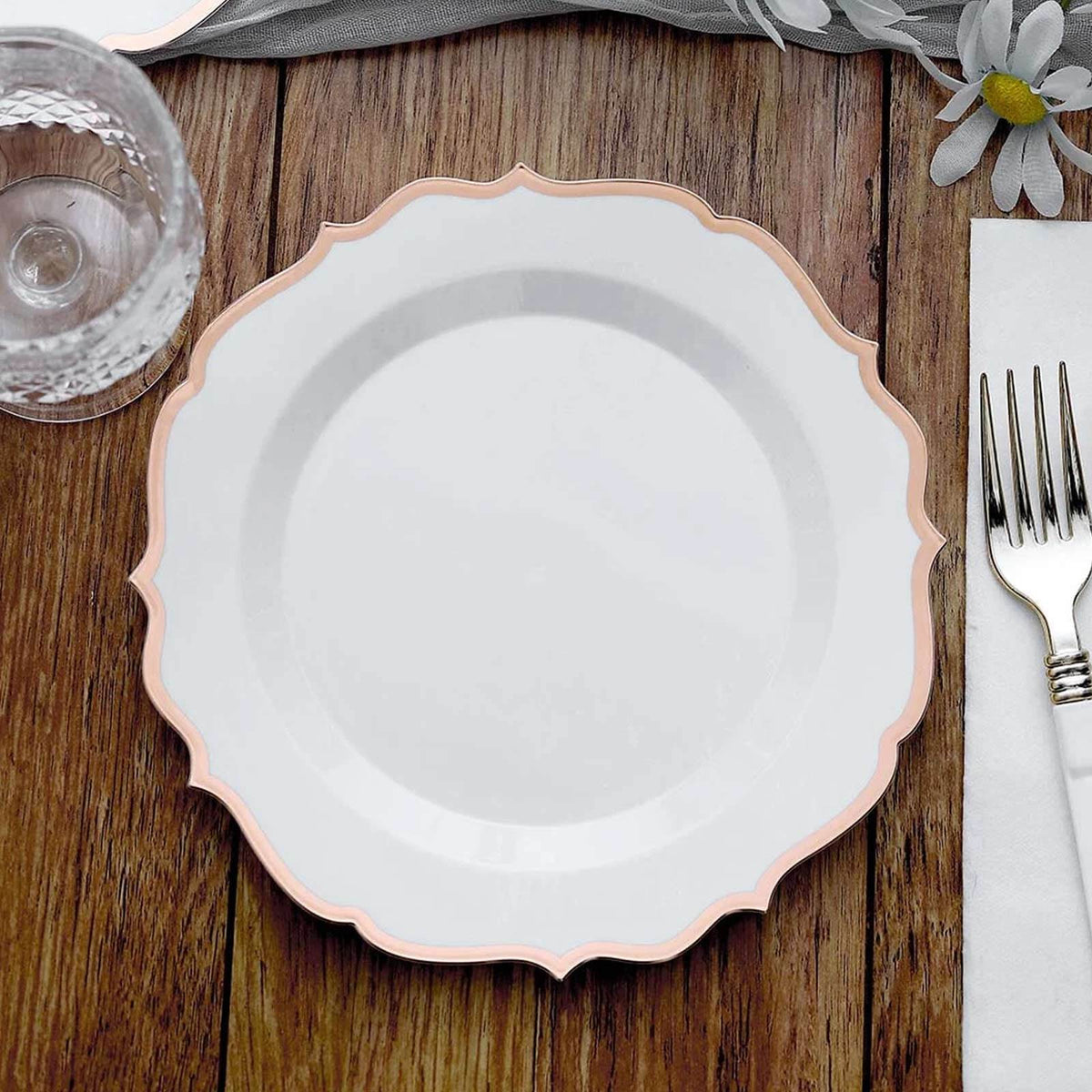 10-Pack Plastic 8" Round Dessert Plates in White with Rose Gold Scalloped Rim - Disposable Appetizer/Salad Plates