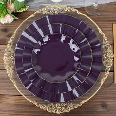 10-Pack Plastic 9" Round Dinner Plates in Purple Ruffled Rim with Gold Edging - Sturdy Disposable Dinnerware