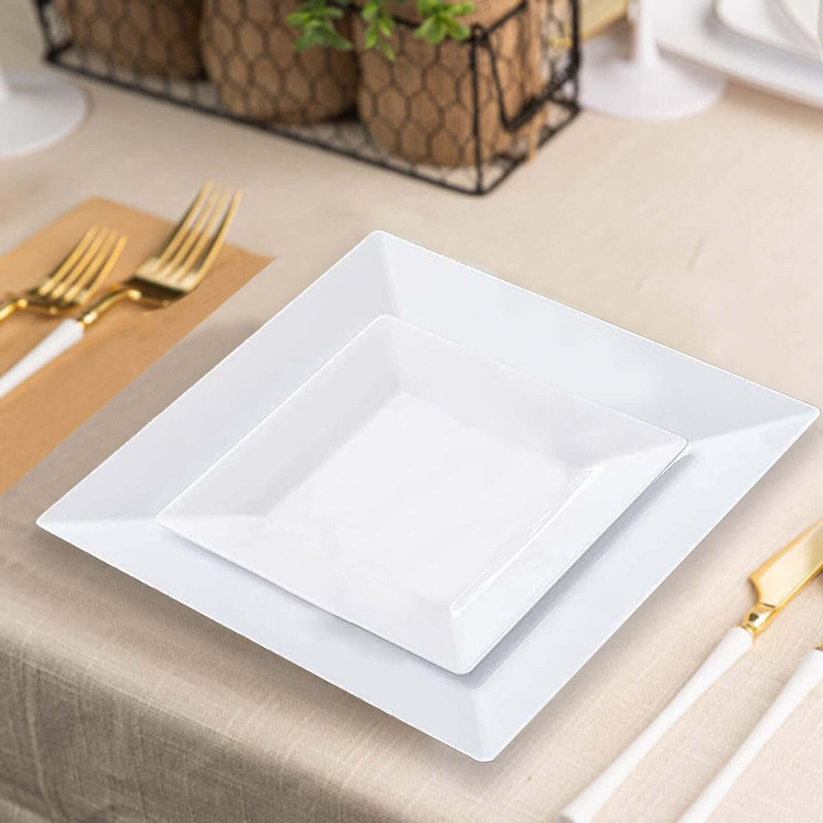 10-Pack Dessert Plates Square Design with Wide Rim Glossy White - Plastic Disposable Plates for Events 6"