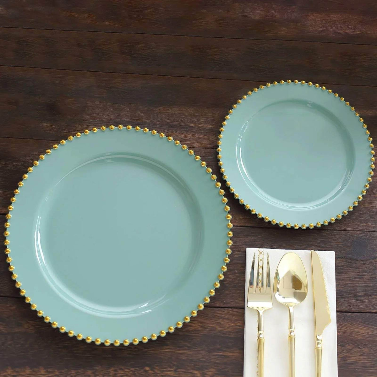 10-Pack Plastic 10" Round Dinner Plates in Dusty Sage Green with Gold Beaded Rim - Disposable Party Plates for Banquets & Festive Occasions